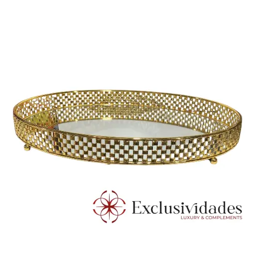 [23859G] BANDEJA DORADA METALICA CROMADA CON BASE DE ESPEJO, 44.5X32.5X6CM