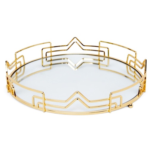 [23854G] BANDEJA DORADA METALICA CROMADA CON BASE DE ESPEJO, 36X6.7CM
