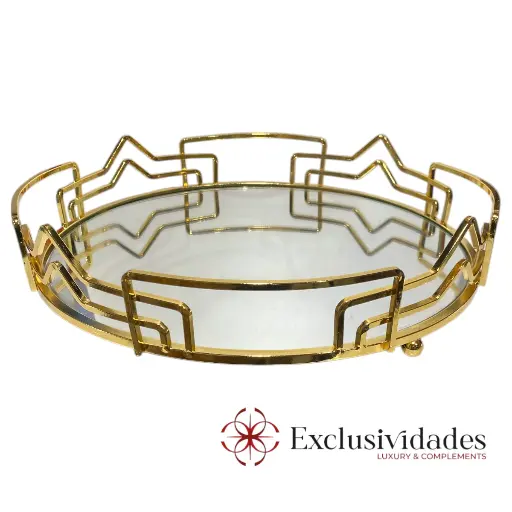 [23854G] BANDEJA DORADA METALICA CROMADA CON BASE DE ESPEJO, 36X6.7CM