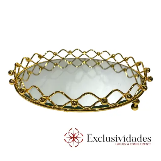 [23856G] BANDEJA DORADA METALICA CROMADA CON BASE DE ESPEJO, 30X5CM