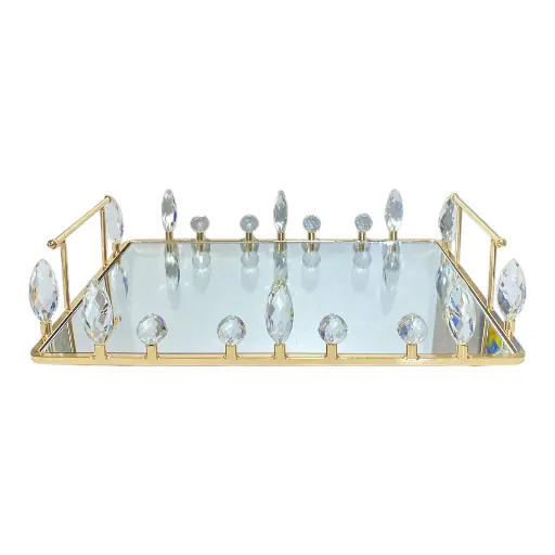 [CS8080357] BANDEJA BASE DE ESPEJO DORADA/CRISTALES 35X25X8CM