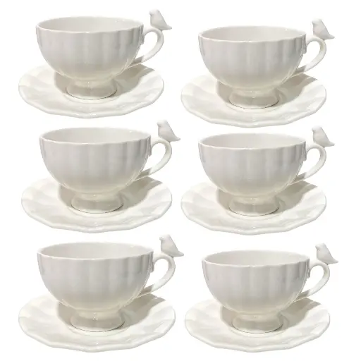 [S50463] SET DE 6 TAZAS CON PLATO PORCELANA DISEÑO PAJARITO EN MANGO 190ML