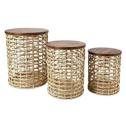 [6981606501860] SET DE 3 MESAS TEJIDO NATURAL CON TAPA MADERA Y ESTRUCTURA DE HIERRO REF:PT151-029 30X39CM, 35X44CM, 40X48CM 