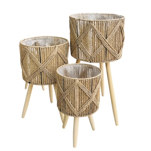 [6981606495367] MACETEROS TEJIDO NATURAL MADERA/HIERRO SETX3. 29X57, 26X45, 22X35CM