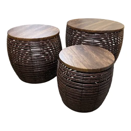 [6981606501884] MESAS CAFE REDONDA TEJIDO NATURAL SETX3, PT151-031. 30X30CM, 35X35CM, 45X38CM