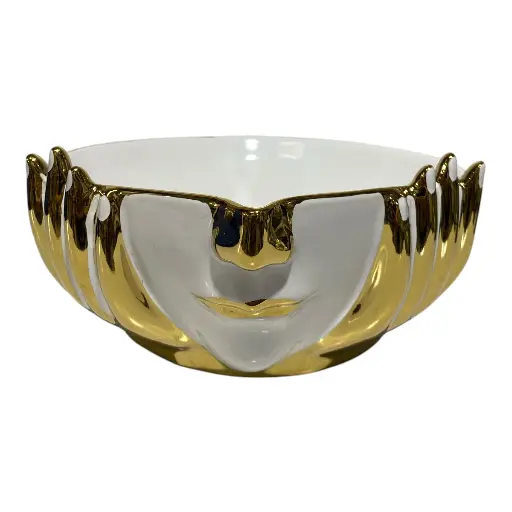 [47604003] BANDEJA CENTRO DE MESA PORCELANA DORADO/BLANCO ROSTRO 24X25X11CM