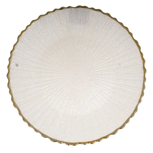 [593737] PLATO BASE DE VIDRIO BLANCO PERLADO FILO DORADO REF:HM1708/V257014 32CM