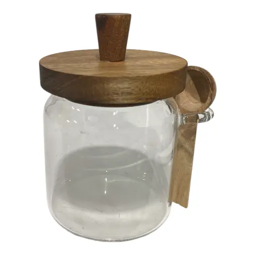 [S50977] ENVASE DE VIDRIO PEQUEÑO CON TAPA DE MADERA Y CUCHARA Ø9X14CM 