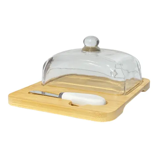 [S40271] MANTEQUILLERA DE BAMBOO CON TAPA DE VIDRIO/ESPATULA 18X19X9CM 