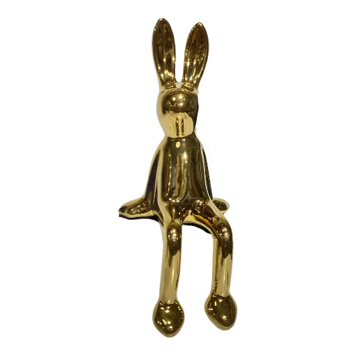 [S50962] ADORNO CONEJO SENTADO PORCELANA DORADO 9X10X22CM