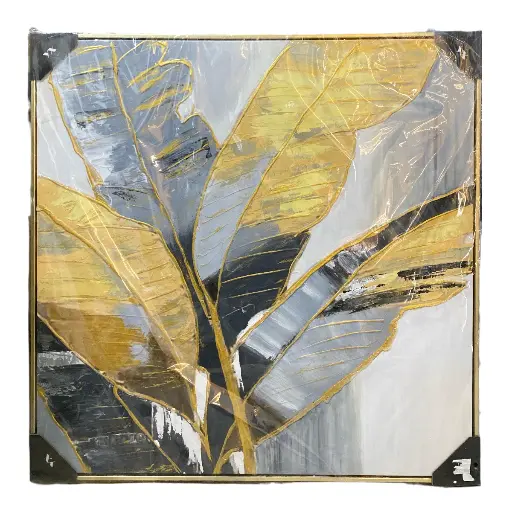 [16112] CUADRO LIENZO OLEO HOJA DE BANANO MARCO DORADO 80X80CM