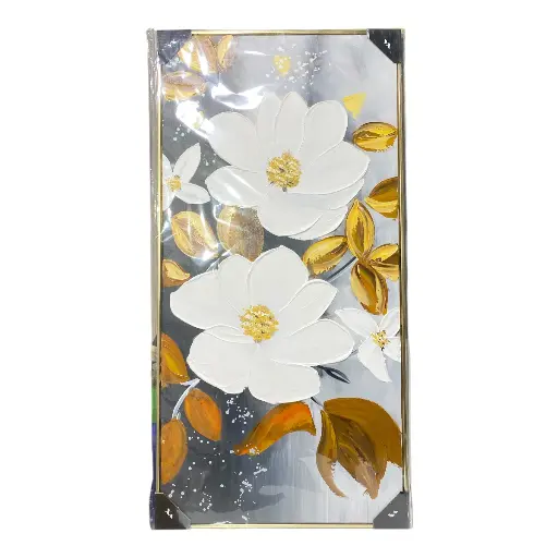 [16111] CUADRO LIENZO 2 FLORES BLANCAS HOJAS AMARI 60X120CM