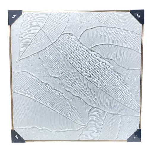 [16115] CUADRO LIENZO OLEO HOJAS BLANCAS MARCO CHAMPAGNE 80X80CM 