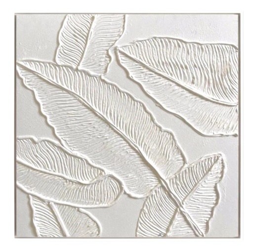 [16115] CUADRO LIENZO OLEO HOJAS BLANCAS MARCO CHAMPAGNE 80X80CM 