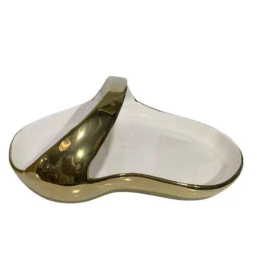 [6920251250174] BANDEJA CENTRO DE MESA DORADA/BLANCO, PORCELANA 34X29X12CM