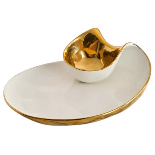 [CS25015] BANDEJA PORTA BOCADITOS BLANCA/DORADA 31X26X9CM
