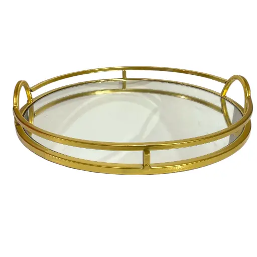 [23659G] BANDEJA METALICA CON BASE DE ESPEJO 38CM DIAMETRO Y 6.5 ALTO.