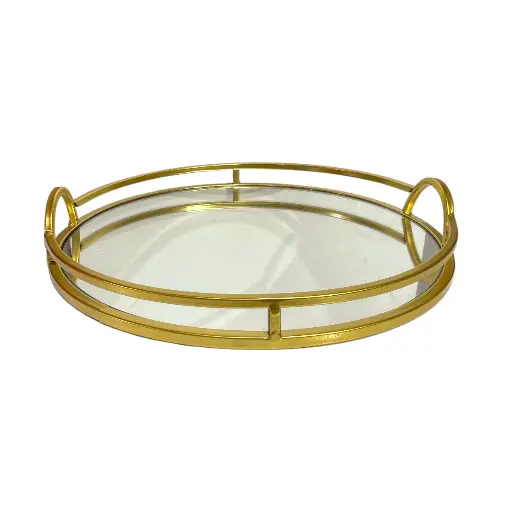 [23659M] BANDEJA METALICA CON BASE DE ESPEJO 33CM DIAMETRO Y 5.5CM ALTO. 