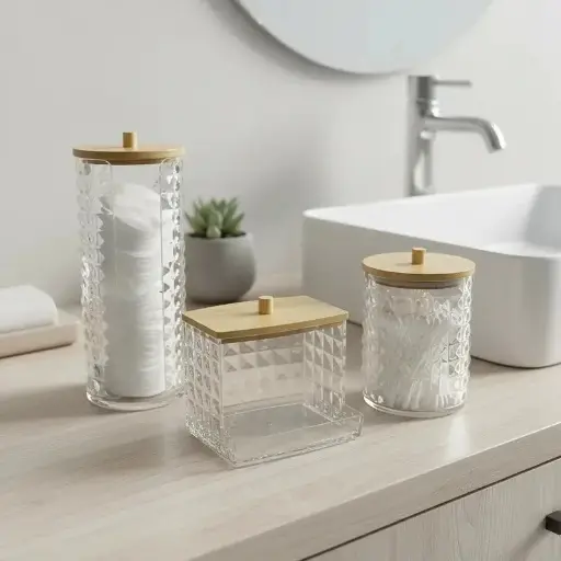 [S51020] ORGANIZADOR DE BAÑO/MAQUILLAJE SETX3 PZ. ACRILICO TRANSPARENTE/TAPA BAMBOO 