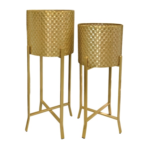 [24220] SET DE 2 PORTA MACETAS METALICOS DORADO 30X30X78CM Y 27X27X68CM