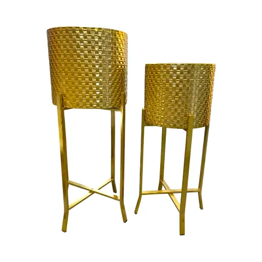 [24220] SET DE PORTA MACETAS METALICO DORADO 30X30X78CM Y 27X27X68CM