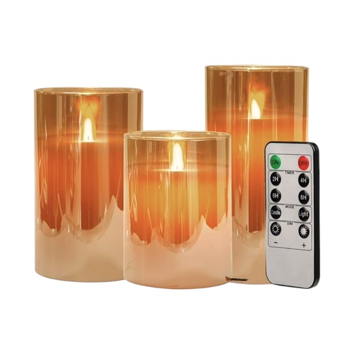 [23955] Set de 3 velas LED ámbar, con control remoto. 3AAA c/u. 10cm,13cm,15cm, Ø: 8cm c/u