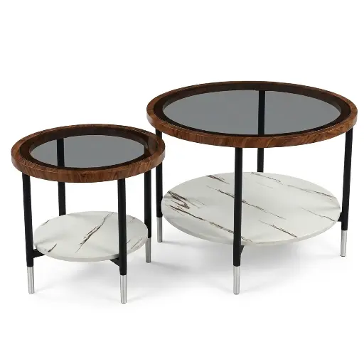 [355048] SET DE 2 MESAS DE CENTRO MADERA Y VIDRIO REF:HM1999/YM125 - G:70X70X54CM P:44X44X43CM