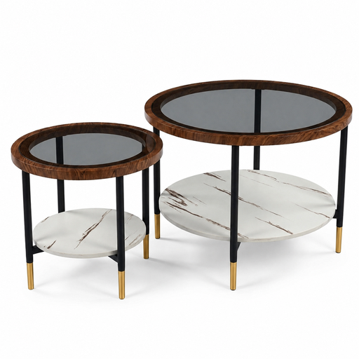 [355048] SET DE 2 MESAS DE CENTRO MADERA Y VIDRIO REF:HM1999/YM125 - G:70X70X54CM P:44X44X43CM