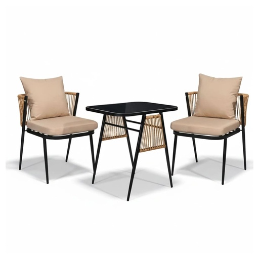 [471412] MESA METALICA C/SILLAS RATTAN P/EXTERIOR X3PZ. REF:WR-S2504 56X53X70CM 70X59X74CM