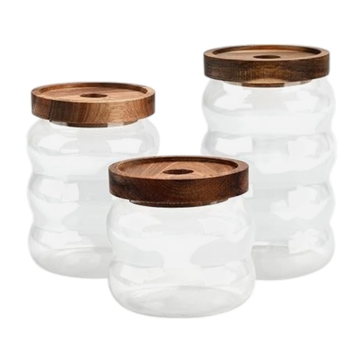 [2602081429121] FRASCOS DE VIDRIO ONDULADO TAPA DE MADERA SETX3 9.5X9CM, 9.5X15.5CM, 9.5X16CM 