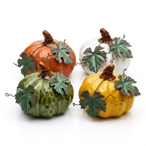 [25079131] Calabaza pequeña de cerámica con hojas hierro, 9x8cm
