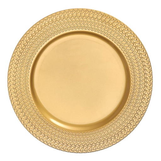[87068-12] PLATO BASE PVC DORADO CON FILO HOJAS 33CM 