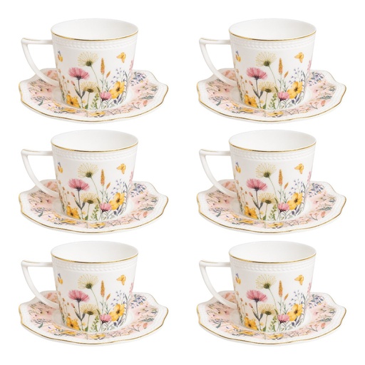 [2602081428087] JUEGO DE 6 TAZAS CON PLATO GARDEN ROSA CERAMICA X12PCS. 200ML