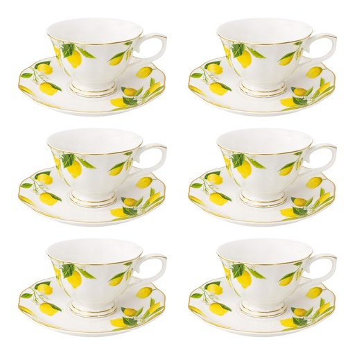 [2602081427011] JUEGO DE 6 TAZAS CON PLATO DISEÑO LIMON FILO DORADO CERÁMICA X12PCS. 220ML