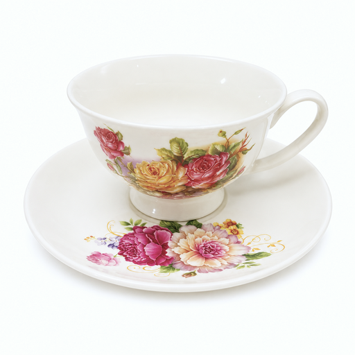 [2602081426052R] SET TAZA Y PLATO FLORAL CERAMICA. 250ML - 2PZS