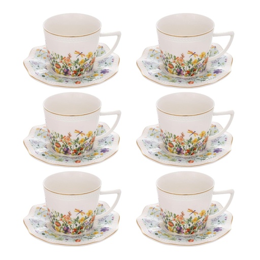 [2602081428070] JUEGO DE 6 TAZAS CON PLATO GARDEN CELESTE CERAMICA X12PCS. 200ML