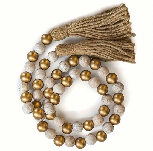 [345302] CADENA DE CUENTAS DE MADERA BLANCAS Y DORADAS 105CM