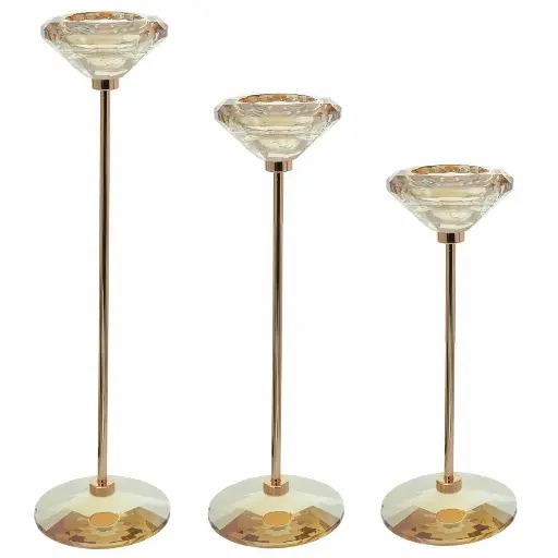 [850480] CANDELABRO METAL/CRISTAL AMBAR X3PZ. REF:ES29261 8X28CM/23CM/18CM 