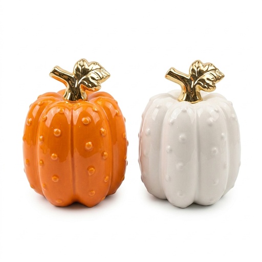 Calabaza Decorativa de Cerámica Premium Brillante con Tallo Dorado, 11x15Cm