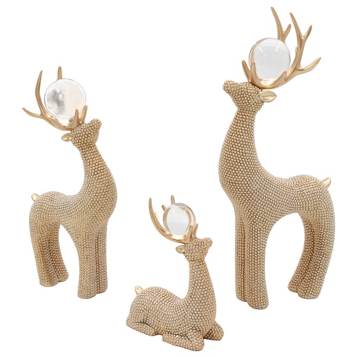 [6981606498733] Set de 3 renos dorados con esfera de cristal, colección Golden Noel. 12x5x28cm, 10x4x22cm, 9x4.5x12.5cm