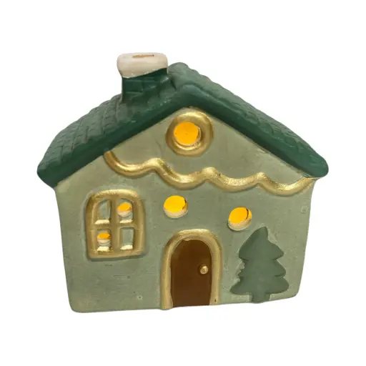 [8679813522898] Casa Navideña verde de cerámica con luz led, 14x7x13cm