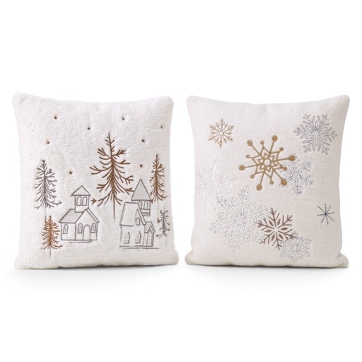 [2603091490057] Cojín navideño blanco afelpado con diseño de árboles bordados y copos de nieve. 45x45cm