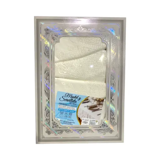 [2603131538268] Mantel de Tela Crema Rombos con 12 Servilletas. 300cmx150cm y servilleta 35x35cm