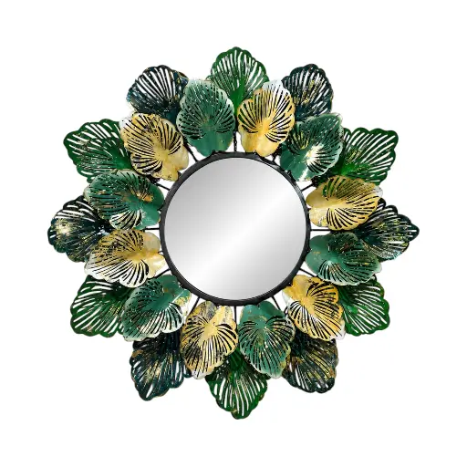 [8679818735095] Espejo Metálico Hojas verde con dorado, Ø100 cm