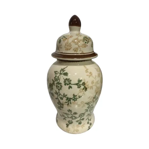 [8679813524472] Jarrón Tibor de Cerámica Beige/Verde Musgo. Ø12cm x 25cm