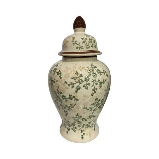 [8679813524458] Jarrón Tibor de Cerámica Beige/Verde Musgo. Ø22cm x 40cm 