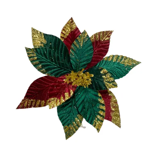 [803316] Flor navideña verde con rojo de terciopelo. Ref:ES29984 (Ø30cm/L30cm)