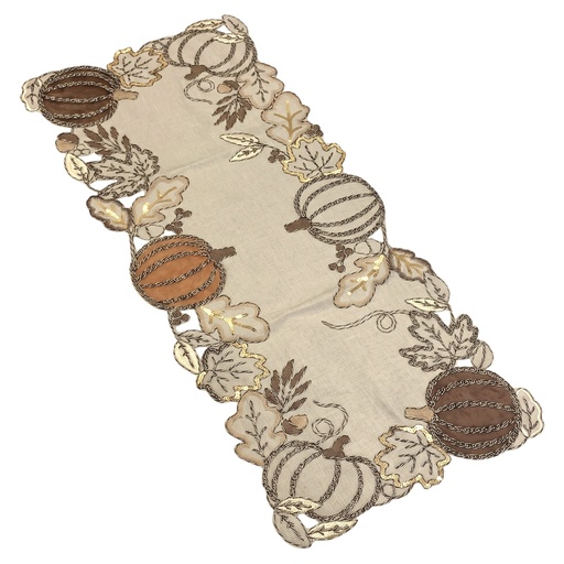 [J6MJ779] Camino de mesa con calabazas y hojas de otoño bordadas con detalles dorados, 40x90cm.