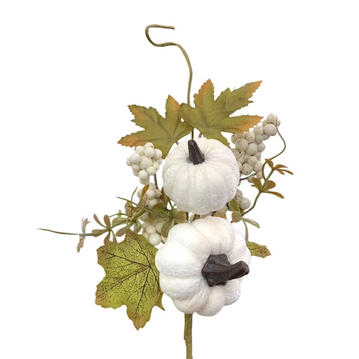[D5MJ014] Rama otoñal con calabazas blancas, hojas de arce y bayas blancas 35cm