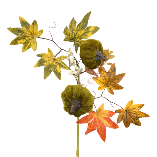 [D5MJ021] Rama otoñal con calabazas verdes, hojas de arce y bayas blancas, 42cm.